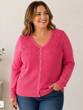 Charter Club Floral Lace Button up Cardigan Pink size XL